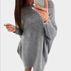 Grey Long Sleeves Bat Wing Sweater